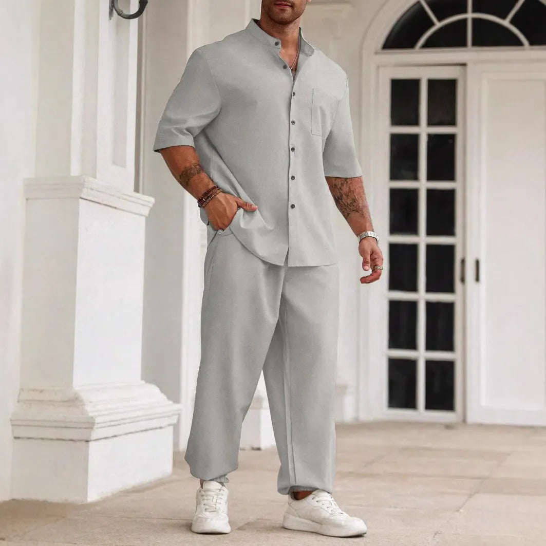 Men's casual cotton linen trousers set with short-sleeved shirt in three colour options