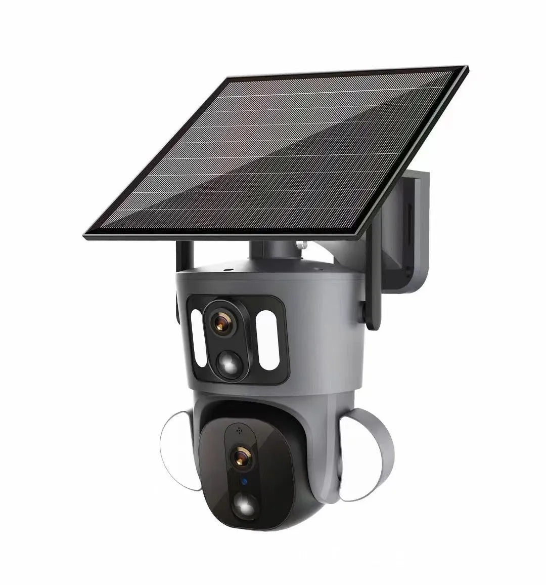 Solar-powered binocular surveillance camera with three-screen display for outdoor security monitoring