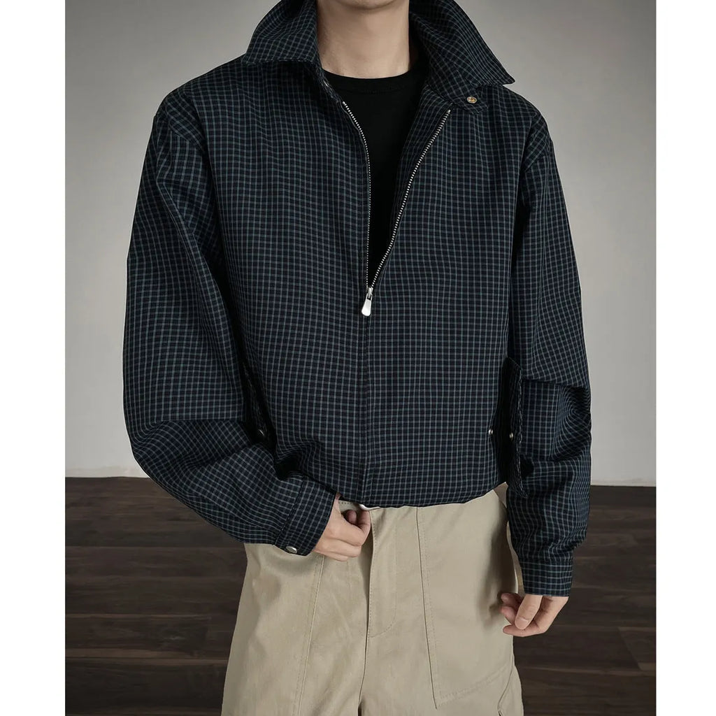 Korean style retro plaid short jacket with double zipper in grey and blue plaid, cotton blend