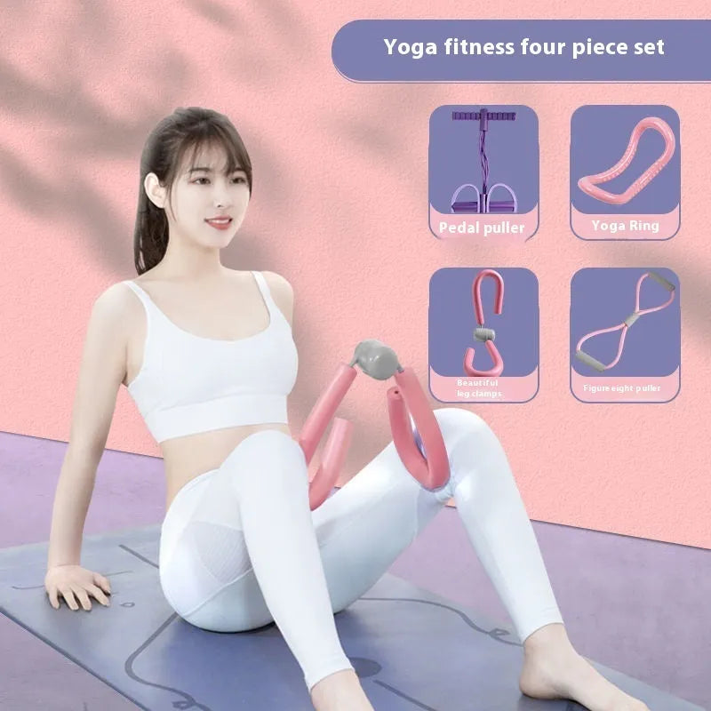 Yoga four piece fitness set showing leg beauty device, yoga ring, pedal tension device and figure eight tension rope