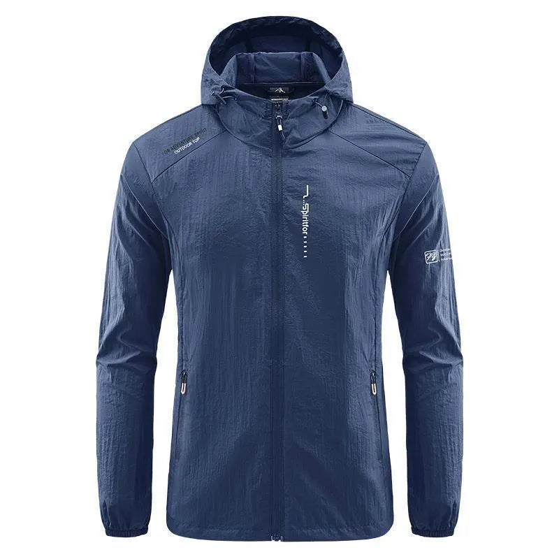 Men's thin summer hooded jacket in nylon fabric showing loose fit and available colour options