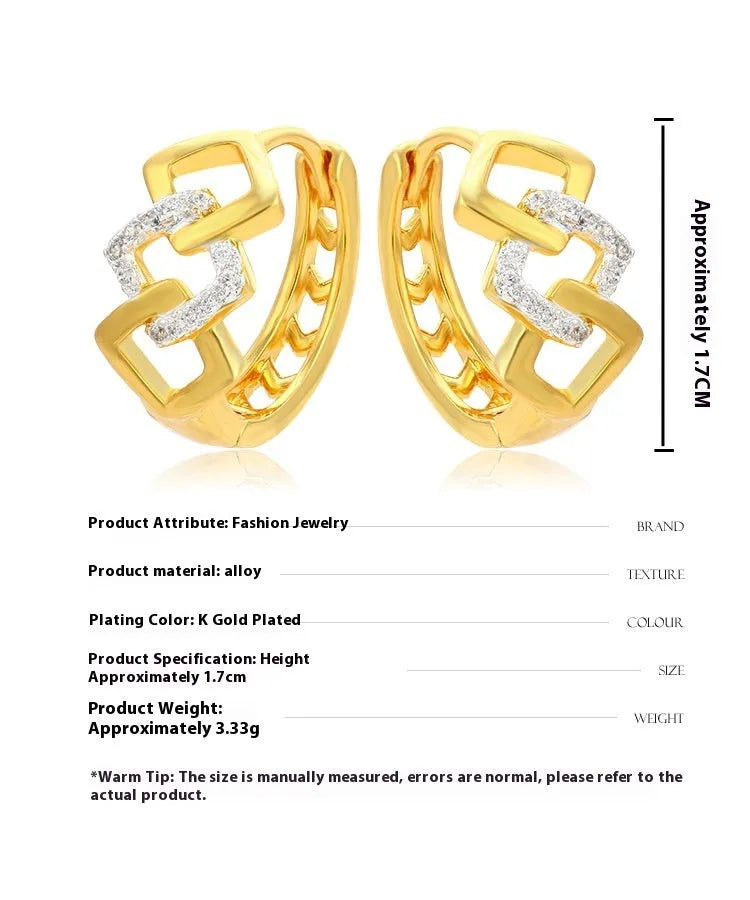 A pair of gold geometric earrings with a hollow out design and clip-on fastening.