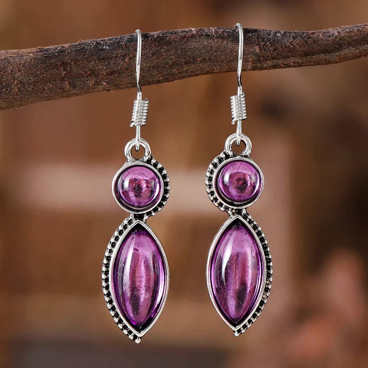 Vintage geometric earrings with black and purple electroplated finish, zinc alloy construction with retro bohemian styling