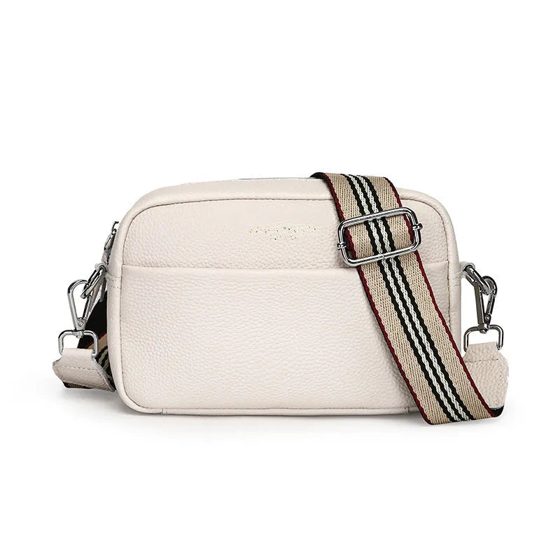 Genuine leather small square shoulder messenger bag in black with adjustable strap and top layer cowhide finish