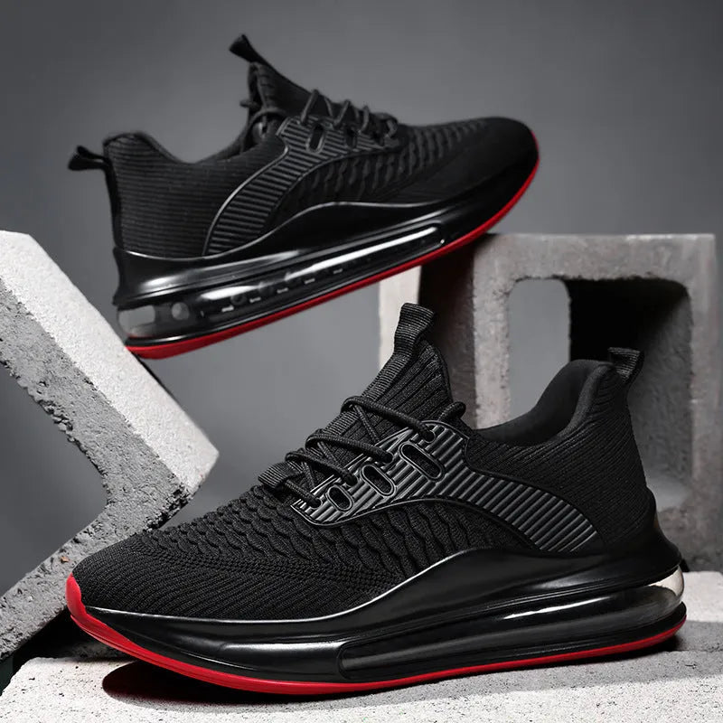 Men's black mesh running shoes with platform sole and lace-up closure