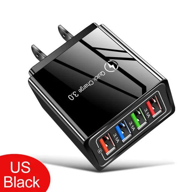Multi-port USB charging head with four ports, PC+ABS housing in black, white, and blue options