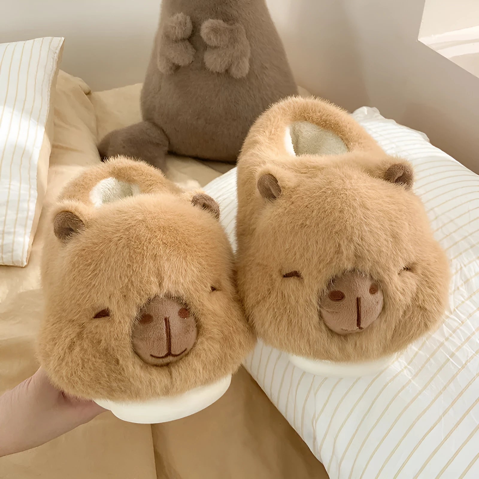 Light brown women's winter slippers with artificial wool lining and cartoon pattern