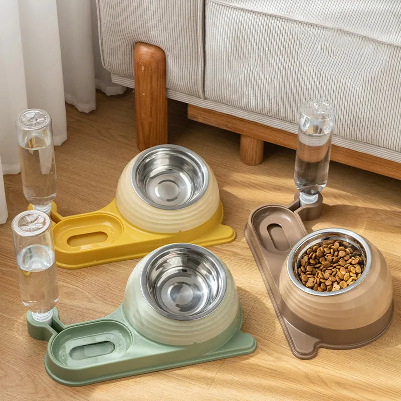 Elevated cat food bowl with water dispenser bottle in brown colour