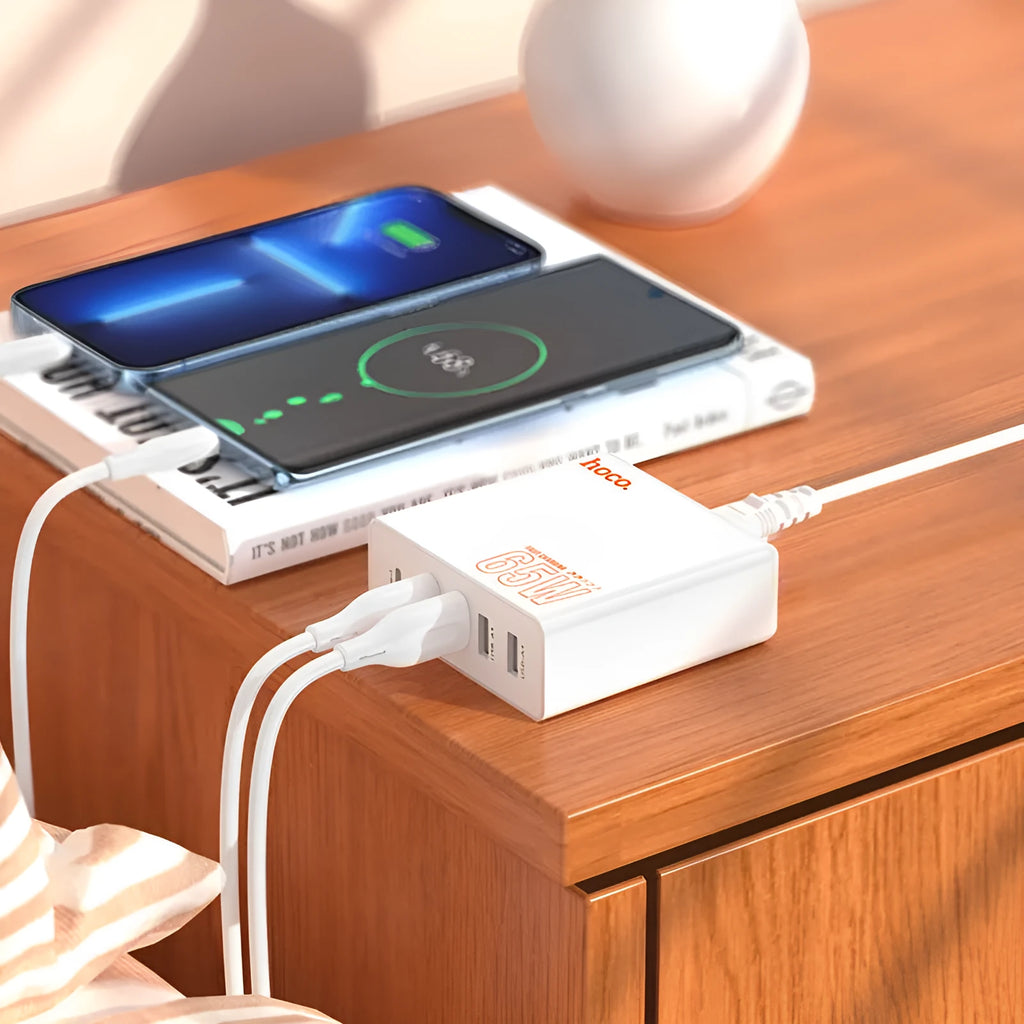 White European 65W PD fast charger with Type-C and USB-A ports, 1.5m cable, flame retardant PC housing