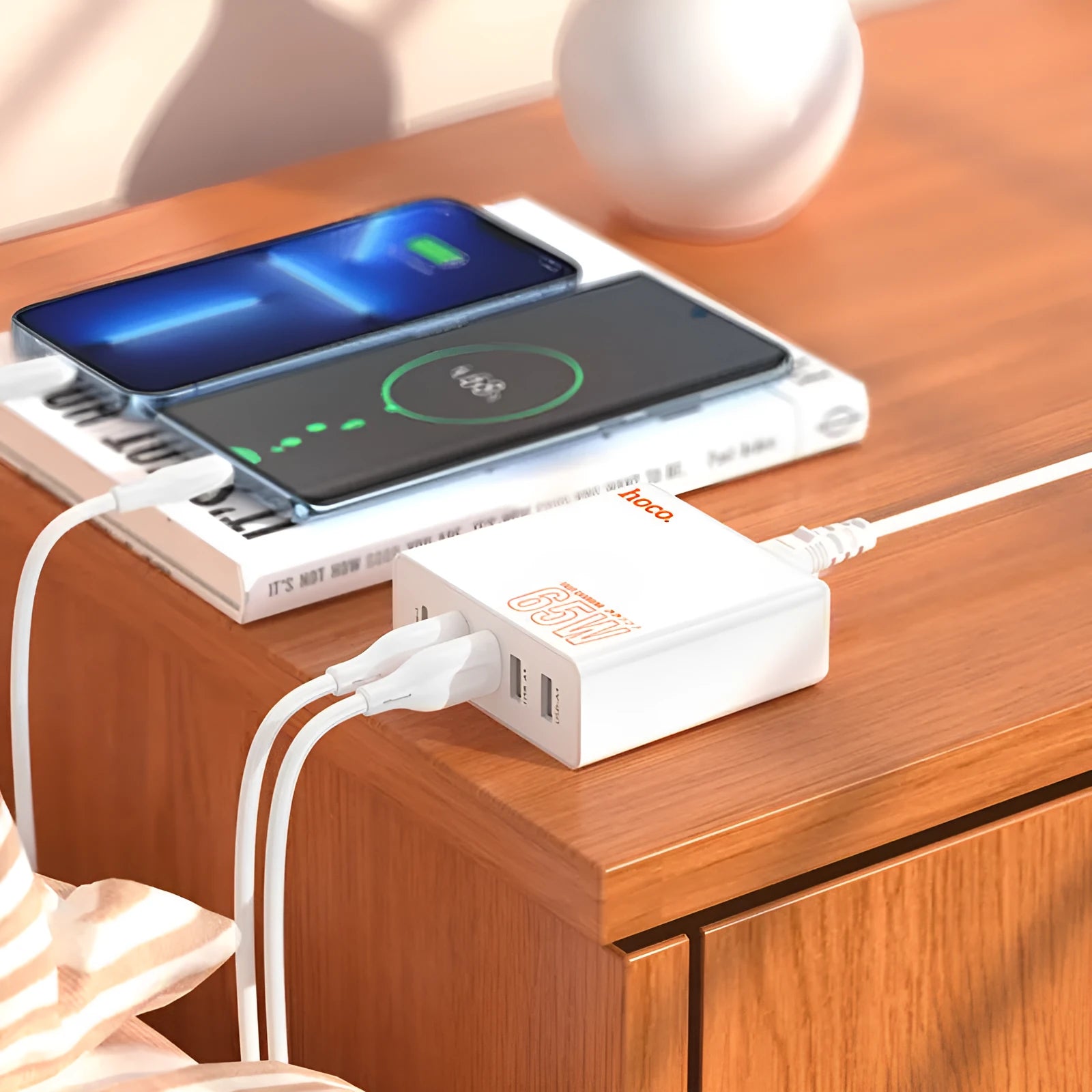White European 65W PD fast charger with Type-C and USB-A ports, 1.5m cable, flame retardant PC housing