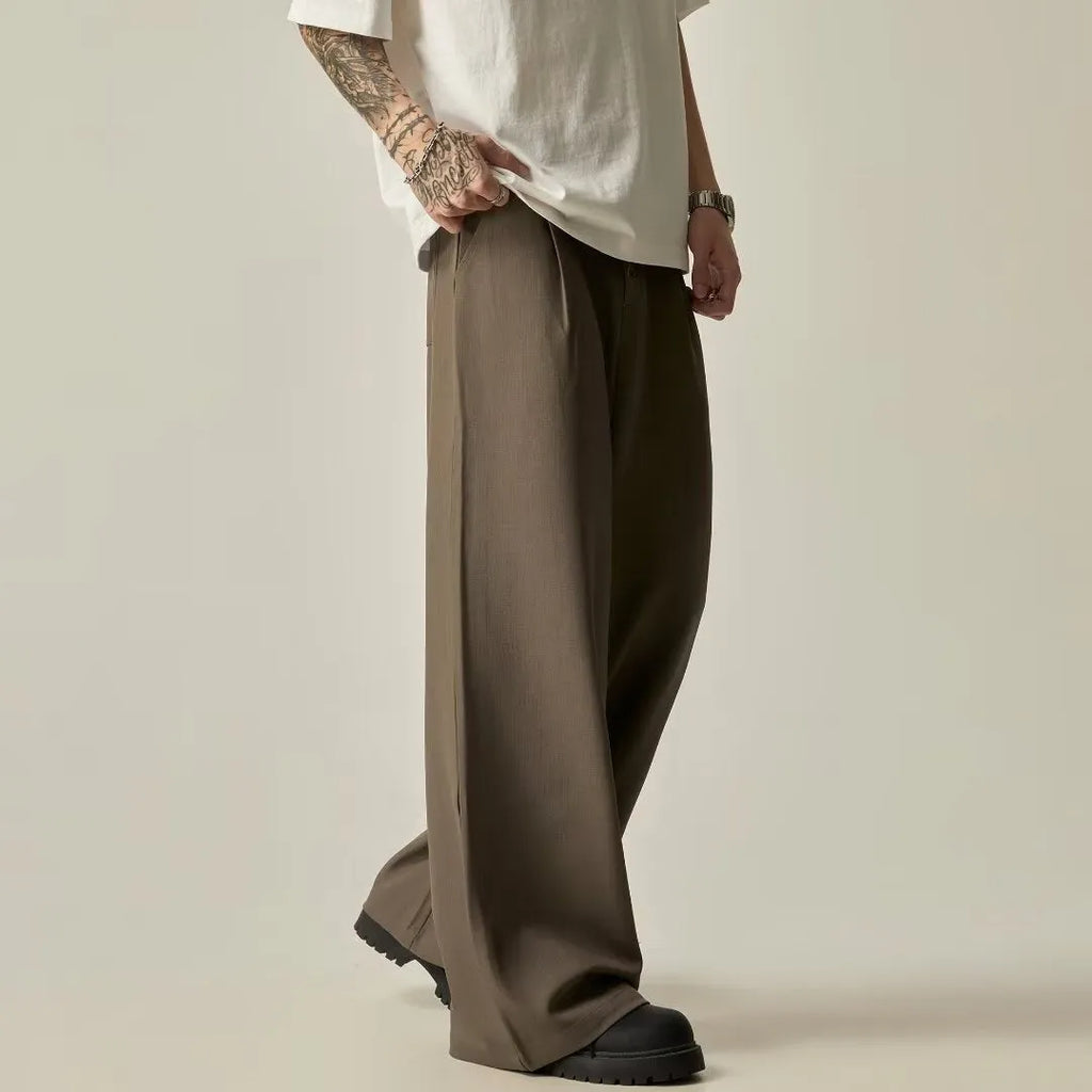 Men's vertical tube wide-leg trousers in solid colour with mid-waist design