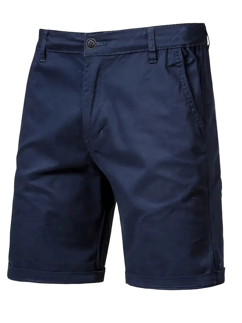 Straight-leg cotton camping shorts in khaki, with zip placket and mid waist, for teenage outdoor leisure