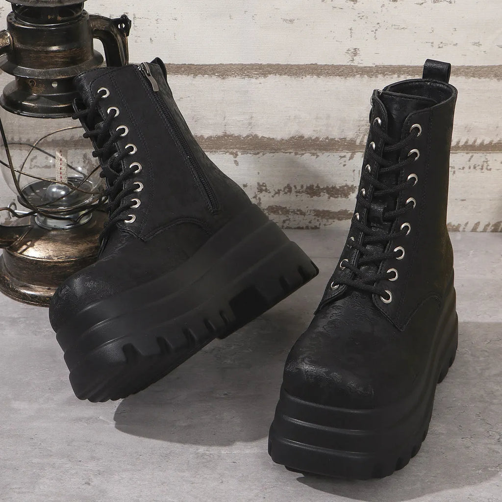 Women's mid-calf retro patchwork Martin boots with platform heel and side zip in black, green or white