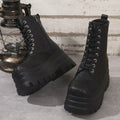 Women's mid-calf retro patchwork Martin boots with platform heel and side zip in black, green or white