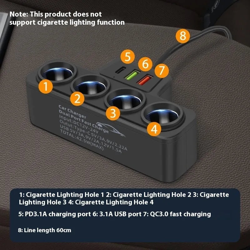 Car-mounted multi-function fast charging universal cigarette lighter with dual USB ports QC and PD support, 120W output