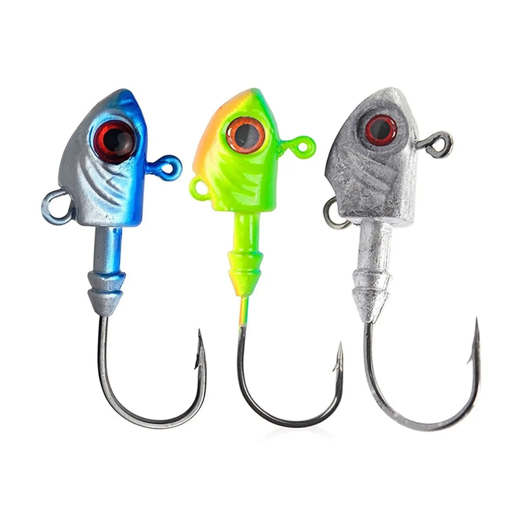 Yayu shaped lead head fishing hooks in blue, silver, yellow with weights from 3.5g to 28g and soft baits.