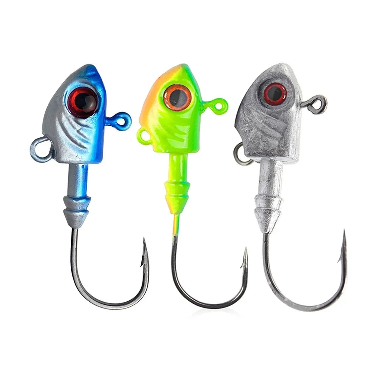 Yayu shaped lead head fishing hooks in blue, silver, yellow with weights from 3.5g to 28g and soft baits.