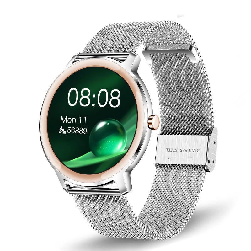 Women's silver smart watch with stainless steel mesh strap and 1.3 inch touch screen display
