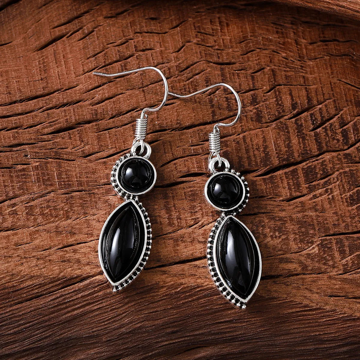 Vintage geometric earrings with black and purple electroplated finish, zinc alloy construction with retro bohemian styling