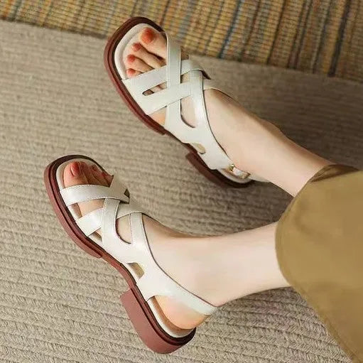 Women's patent leather square toe beach sandals in three colours with cross strap design