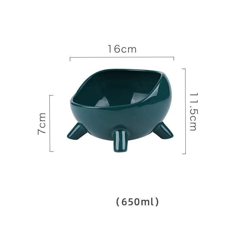 Green four-legged ceramic cat food bowl for indoor pets with wide mouth design