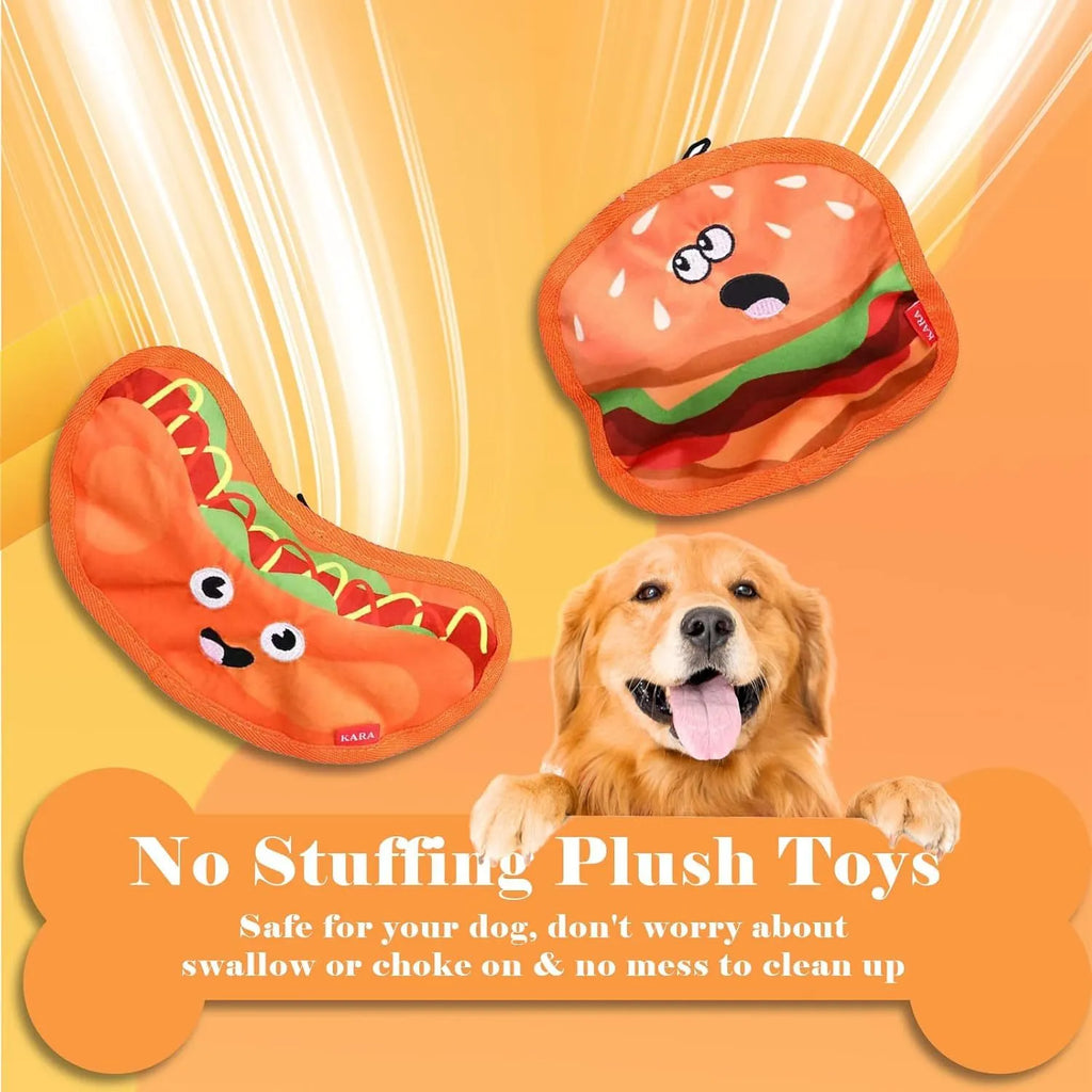 Colourful hamburger, fries, hot dog, and pizza shaped dog chew toys with crinkle and squeak features