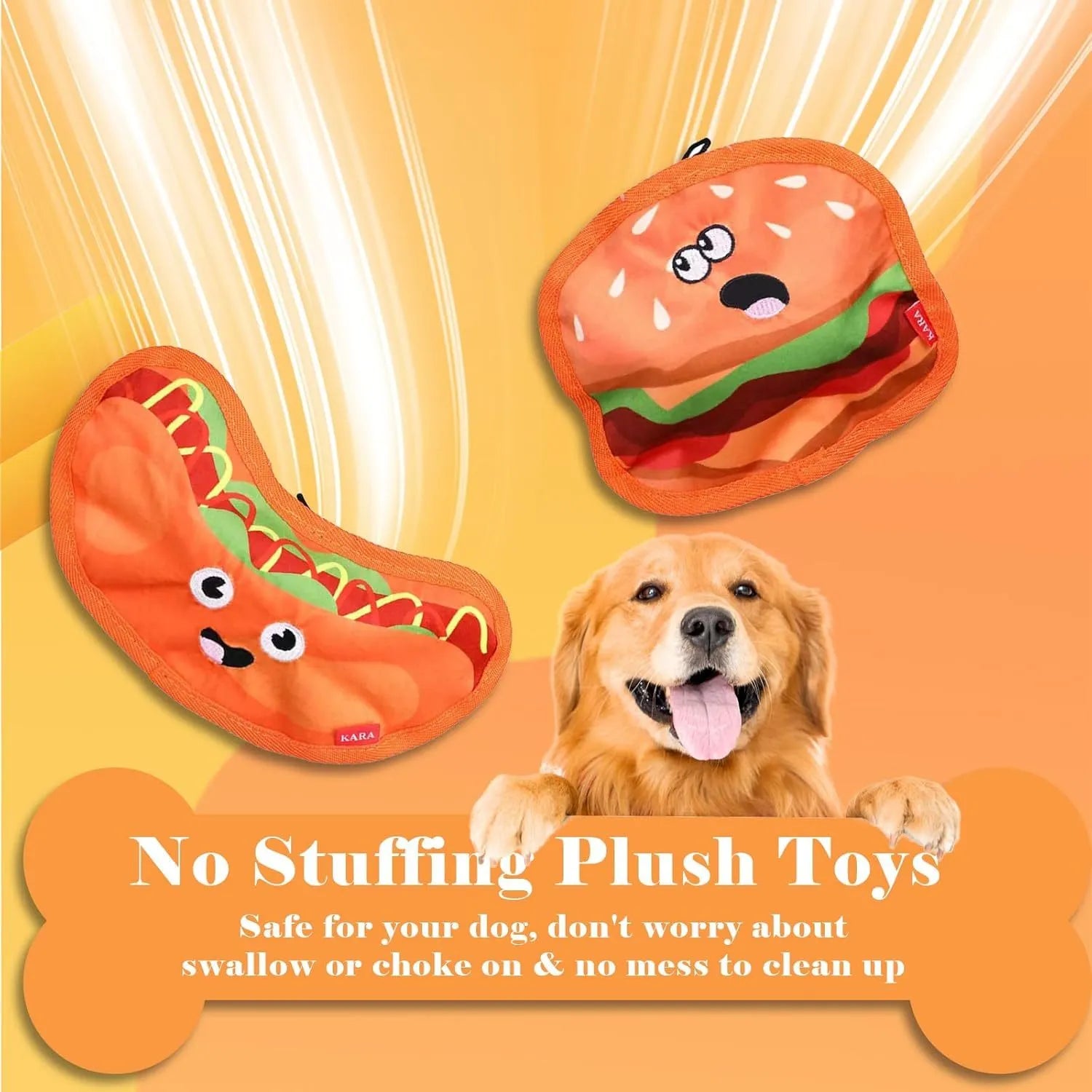 Colourful hamburger, fries, hot dog, and pizza shaped dog chew toys with crinkle and squeak features