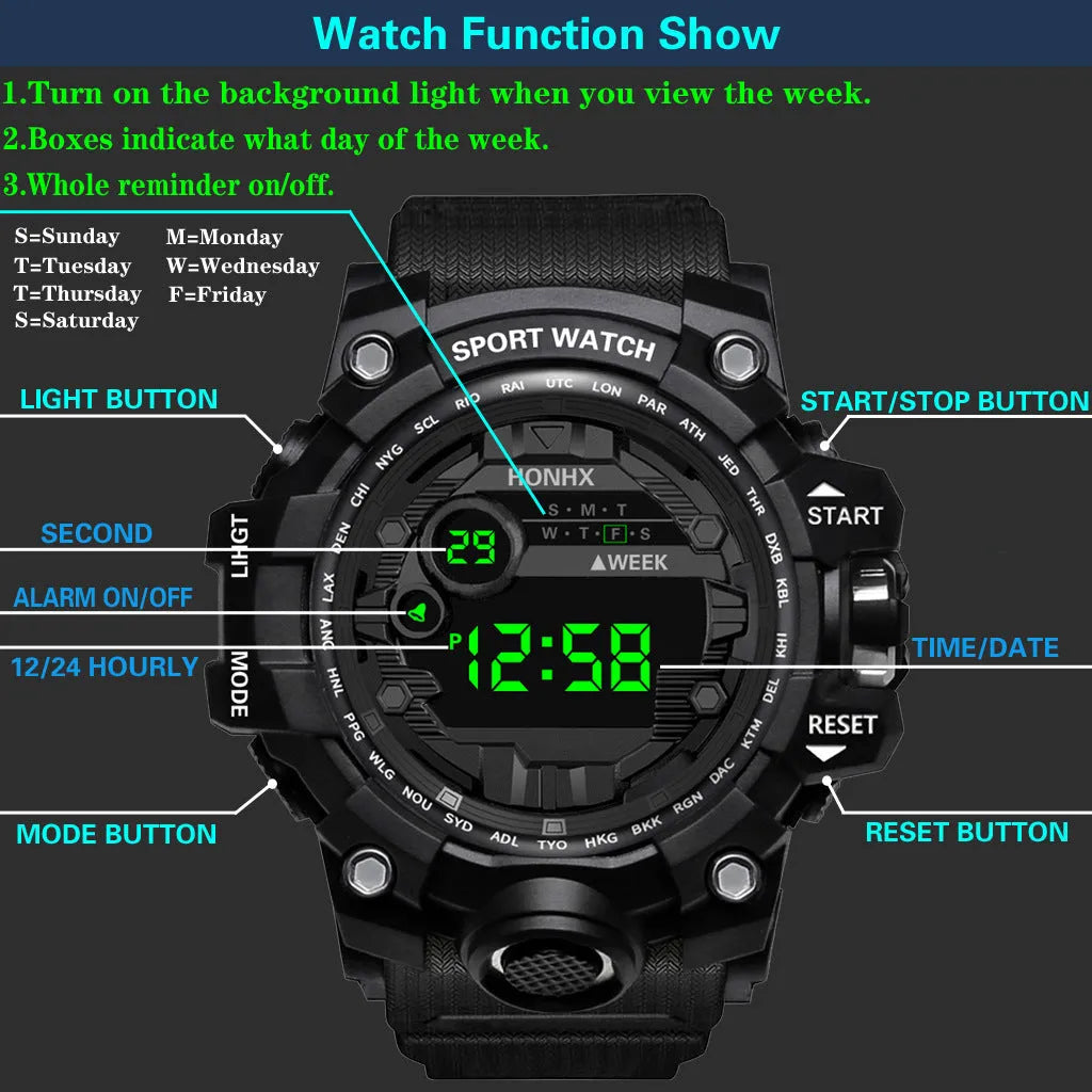 Men's student multi-function electronic watch 55mm round resin case PU strap luminous display sports style