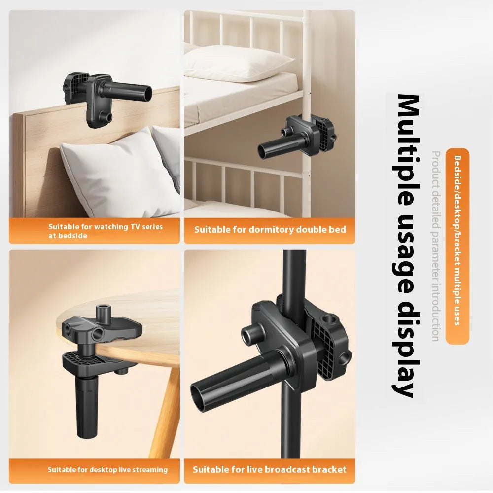 Metal cantilever bracket bedside table with four clips holding a mobile phone