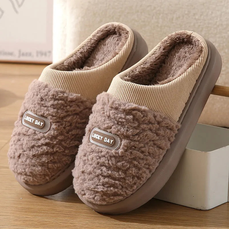Men's plaid rabbit hair slippers with thick sole, shown in brown and grey colour options