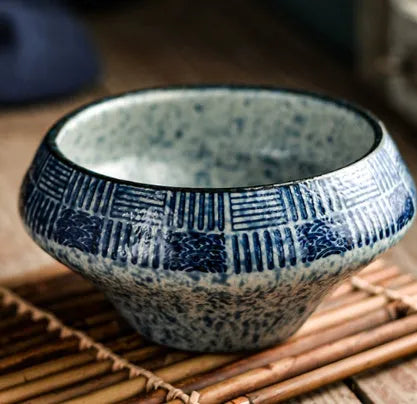 Ceramic Japanese soup bowl in tall design with underglaze pattern