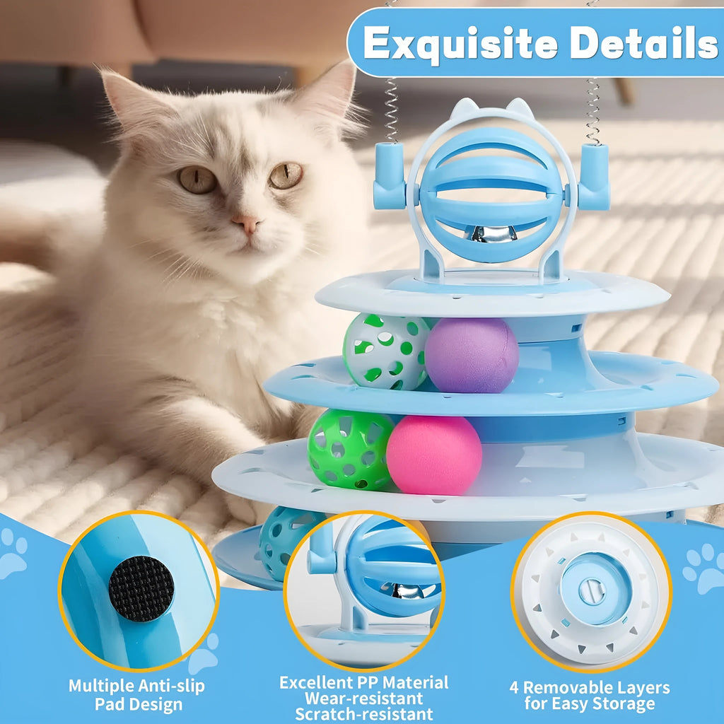 Blue 4-tier interactive cat puzzle toy with balls and teasing rods on a table.