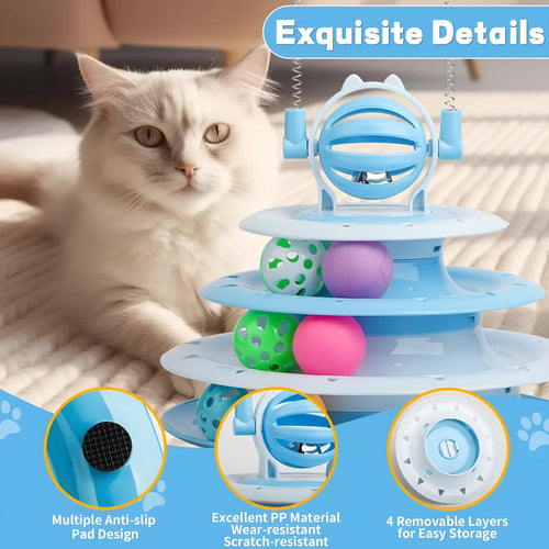 Blue 4-tier interactive cat puzzle toy with balls and teasing rods on a table.