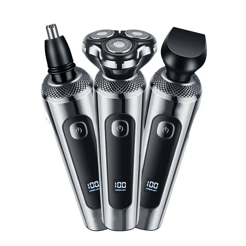 Digital display USB rechargeable beard trimmer with floating cutter head on five-in-one base bracket
