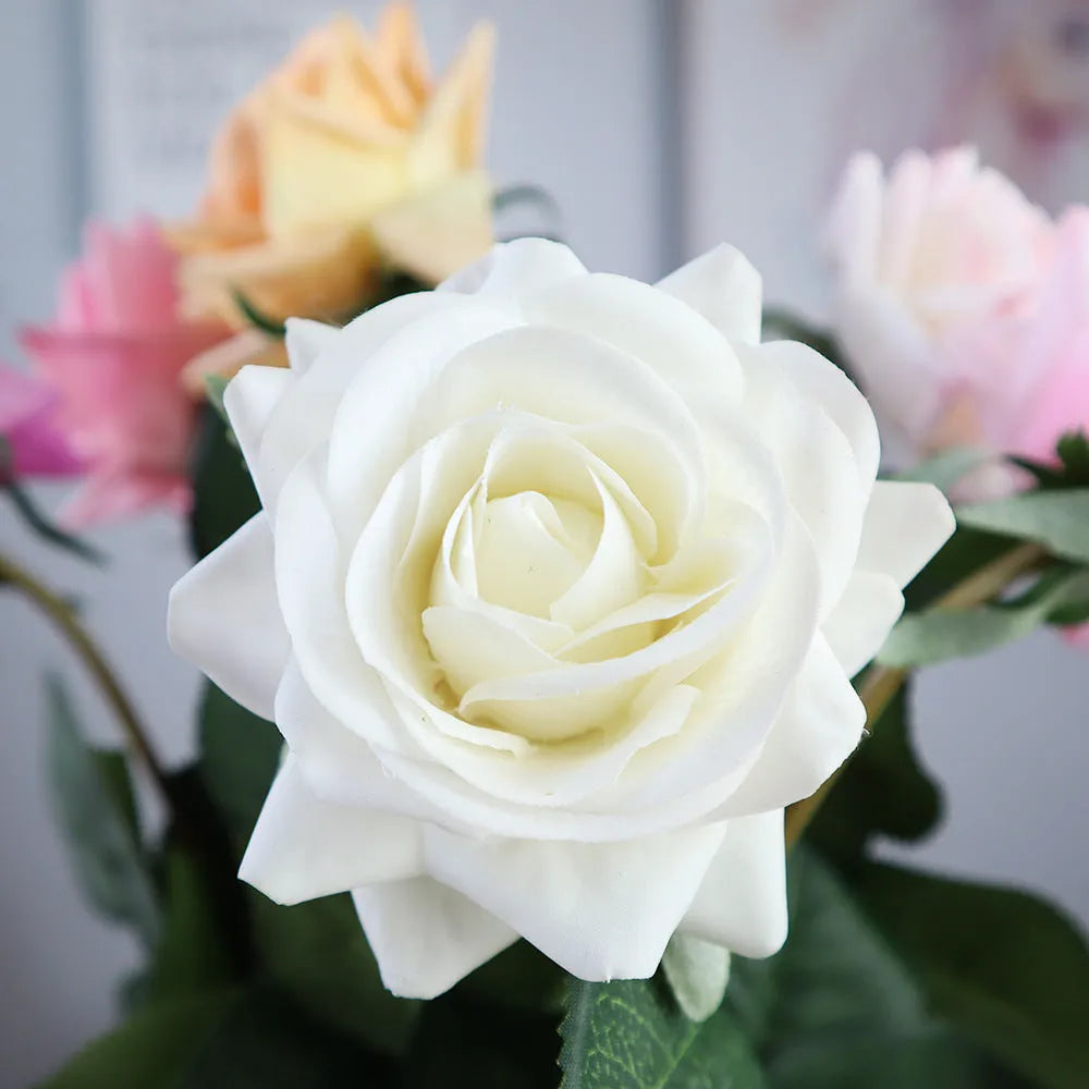 Artificial silk touch rose flower with red petals on a green plastic stem, showing approximate 42cm length.