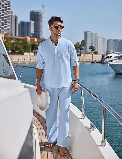 Men's casual cotton trousers suit in a solid colour, showing long sleeve top and matching trousers