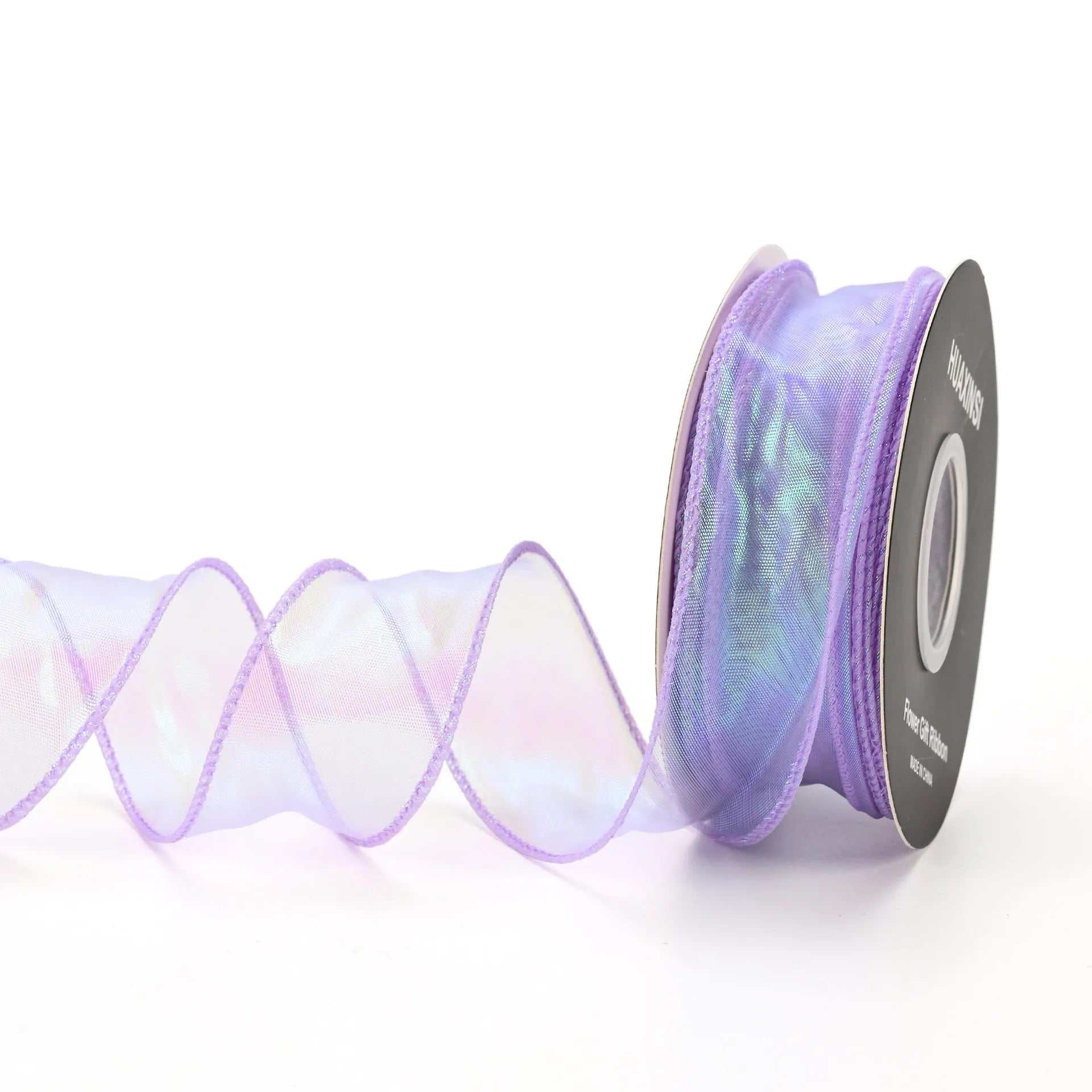 Fishtail yarn wave ribbon in various illusion colours showing 4cm width and textured mesh construction