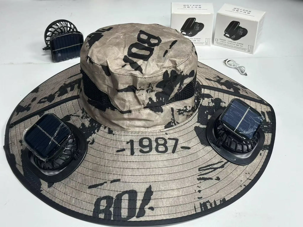 Men's big brim fishing hat with UV protection, breathable acrylic fabric, dome crown, machine embroidery, square camouflage pattern