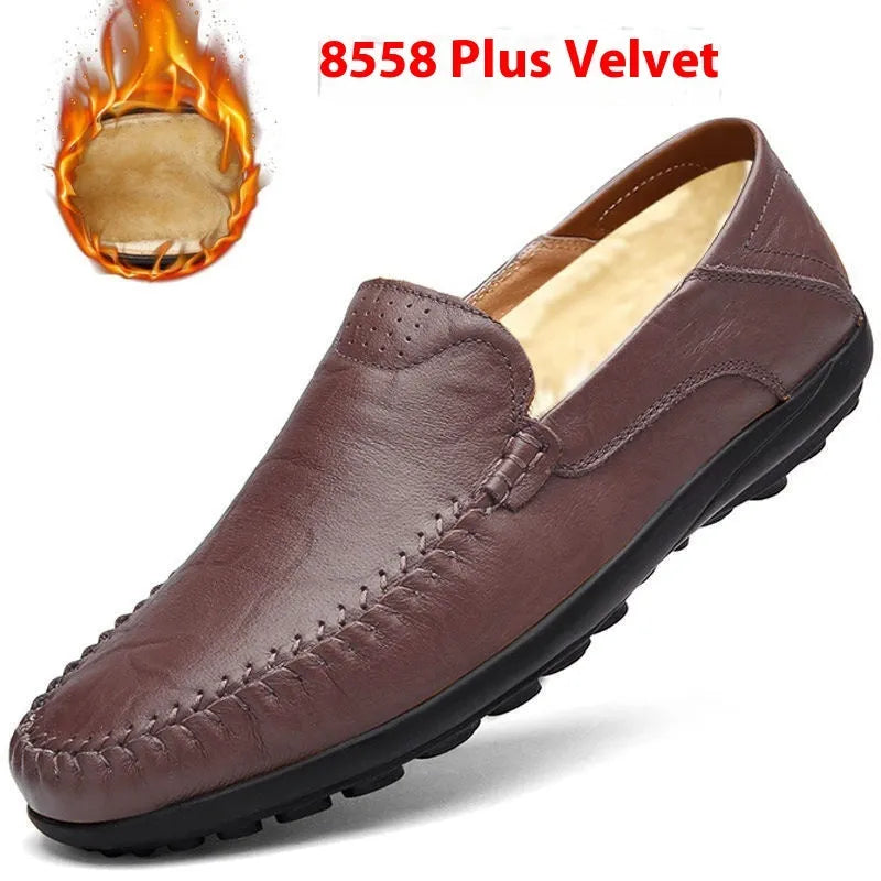 Men's brown leather business casual shoes with round toe and flat heel design