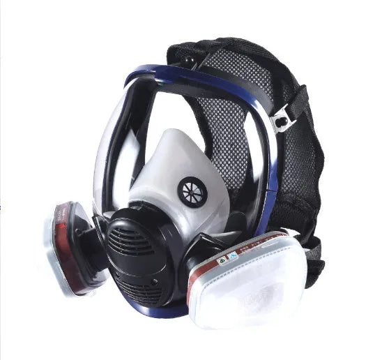 Blue edge spherical full mask with trapezoidal canister showing KN95 and activated carbon protection