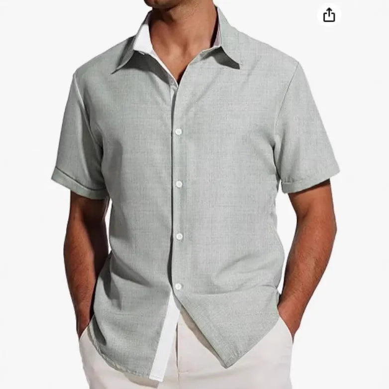 Men's short-sleeved floral shirt in polyester fabric showing regular fit and cardigan styling
