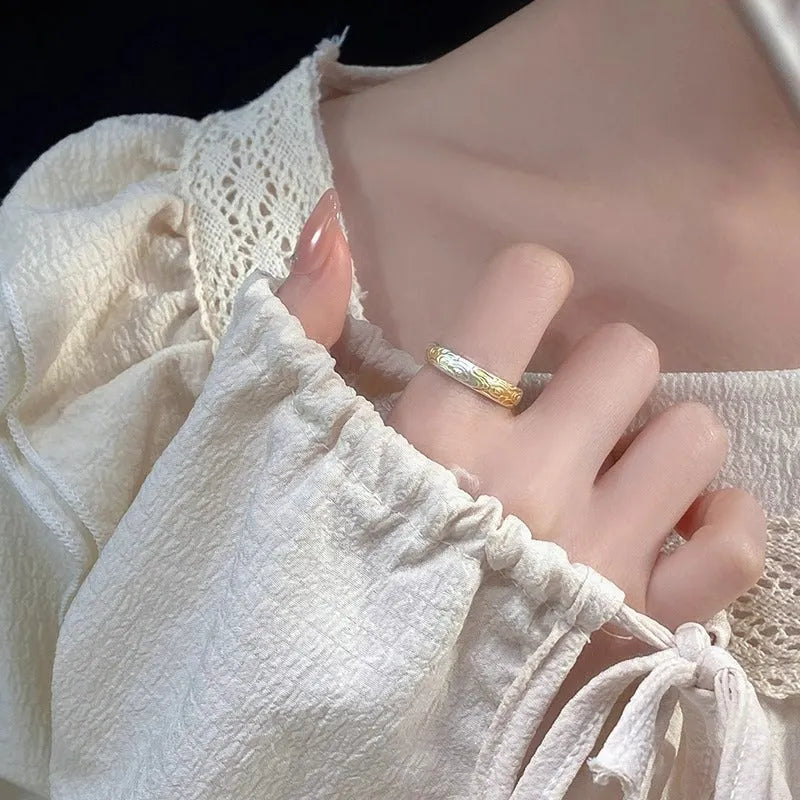 J14 Xiangyun open mouth ring with geometric pattern and gold silver electroplating on white copper