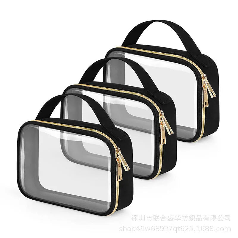 Clear PVC wash bag with chain handle for lipstick storage, shown in leopard print colour.