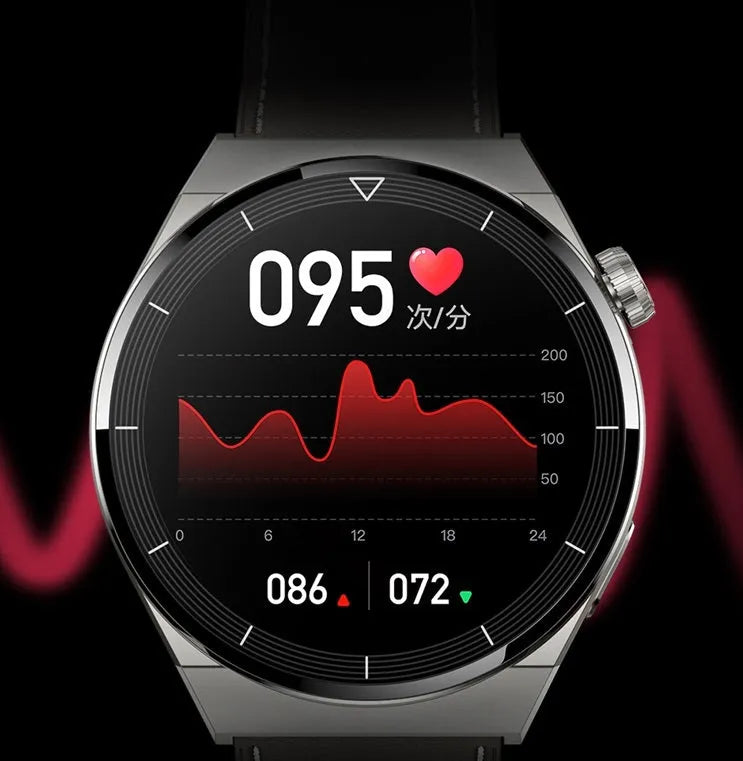 Round Android smartwatch with black silicone strap showing colour screen displaying time and notifications