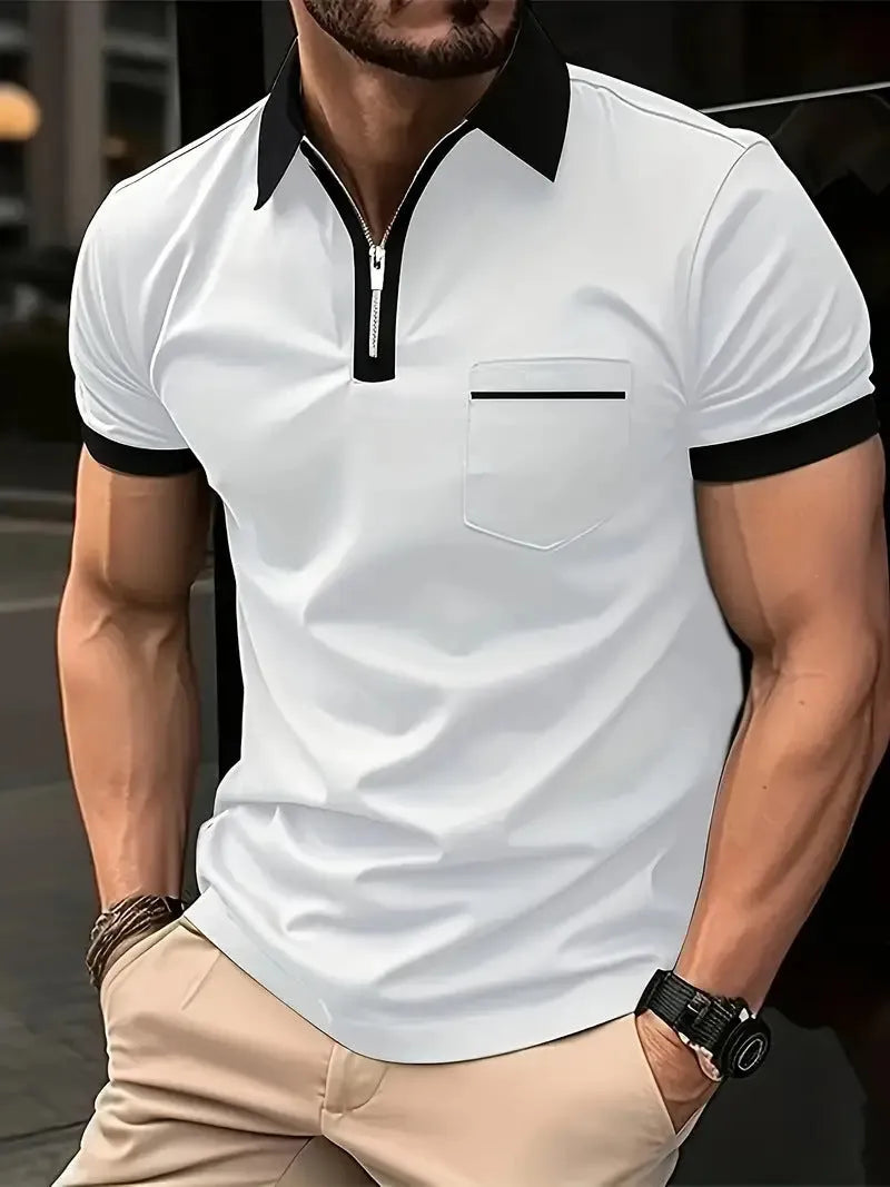 Men's loose-fit casual short-sleeve shirt with a zipper on the chest pocket, shown in a two-tone colour option.