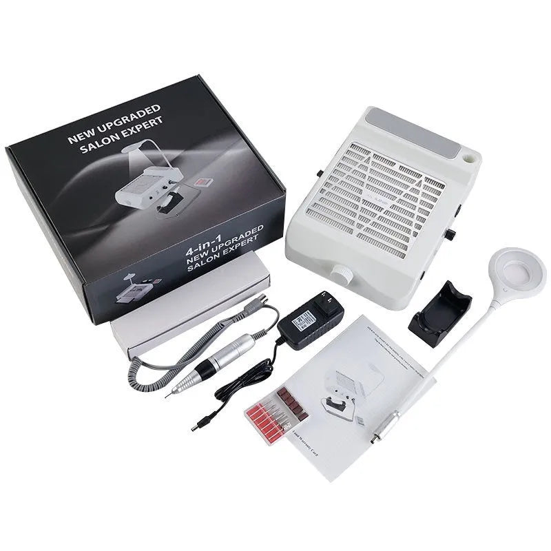 White four-in-one nail polishing machine with vacuum cleaner and international power adapters