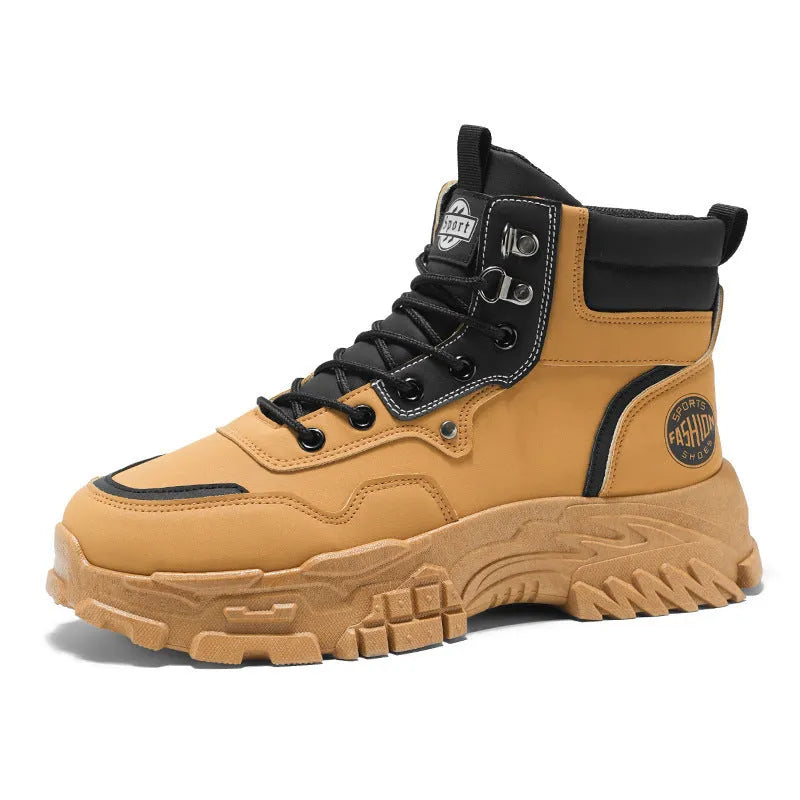 Men's black and yellow Martin boots with a mid-heel and high-top calf length.