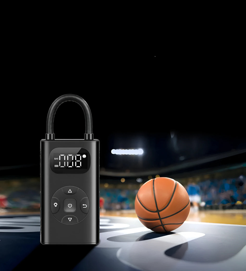 Black portable power bank tyre inflator with USB cable and 16cm hose for cars and bikes