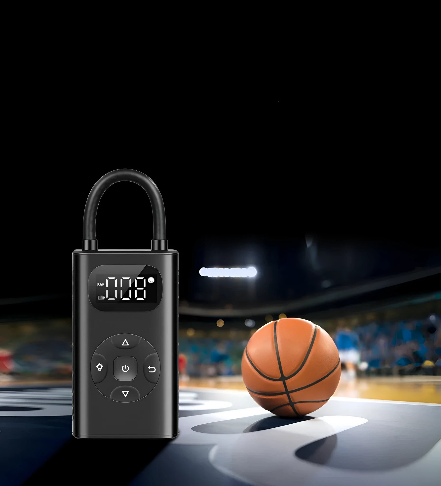 Black portable power bank tyre inflator with USB cable and 16cm hose for cars and bikes