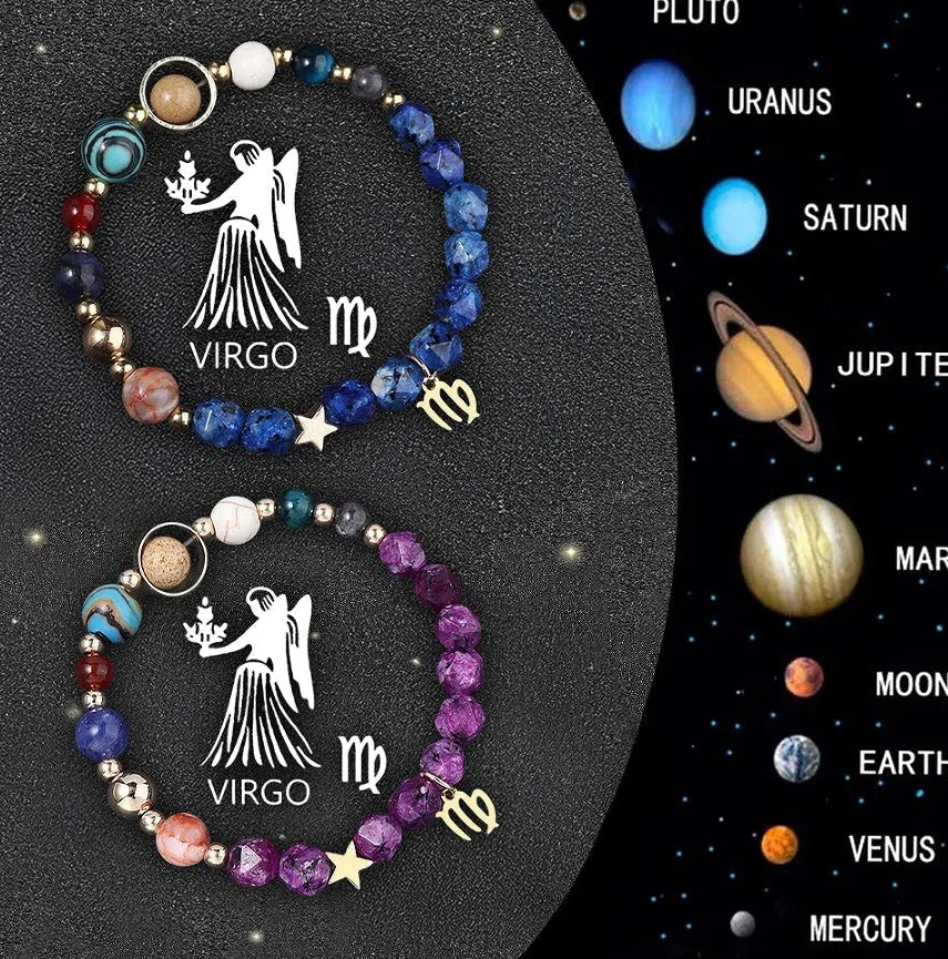 Two adjustable beaded bracelets with natural stone zodiac charms and metal accents on a wrist.